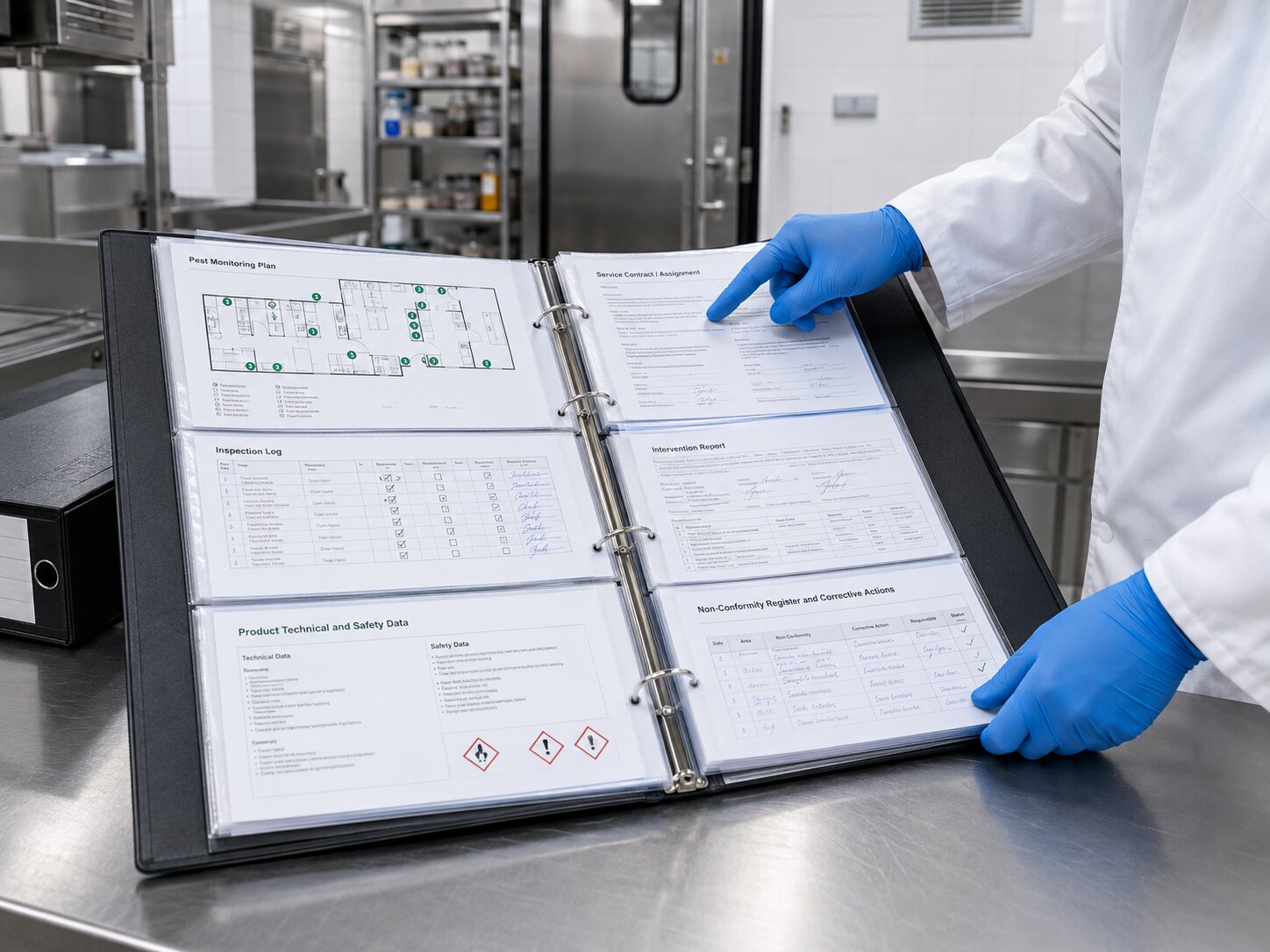 Raccoglitore con planimetria, registro controlli, report interventi e documentazione HACCP per il monitoraggio infestanti